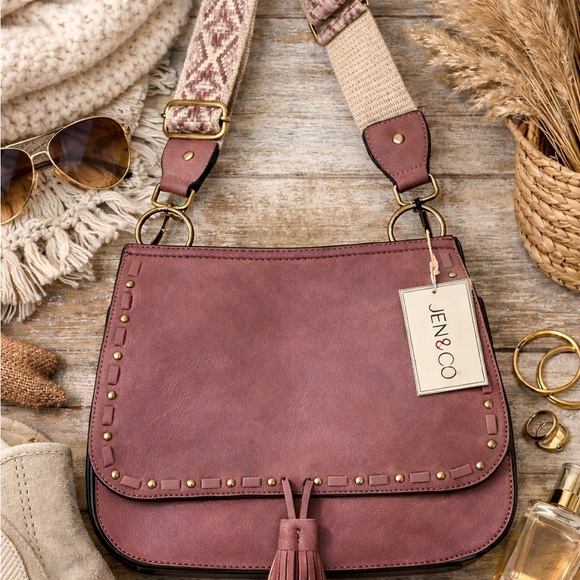 Jen & Co Handbags - Jen & Co Boho Studded Tassel Crossbody Bag Mauve Vegan Leather Guitar Strap NWT